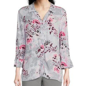 Allison Daley Floral Print 3/4 Ruffle Sleeve Pont Collar Button Front Top NWT